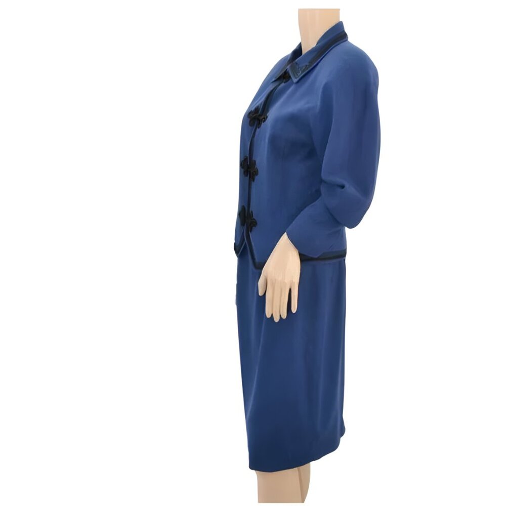 Vintage 80s Ellen Tracy Military Structured Blue Blazer Pencil Skirt Suit M 6 - Picture 3 of 5